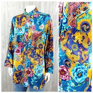 Vintage Silky Satin Asian Dragon Floral Oversized Blouse Mandarin Chinese Collar